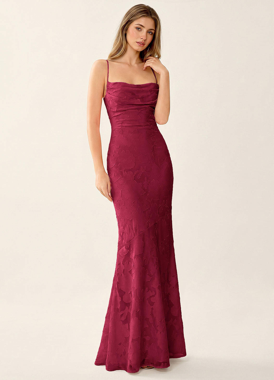 Natasha Mermaid Spaghetti-Strap Floral Burnout Evening Dress in Burgundy
