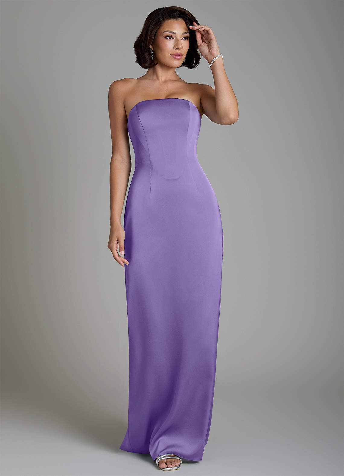 Fallyn Sheath Strapless Stretch Satin Bridesmaid Dress in Tahiti