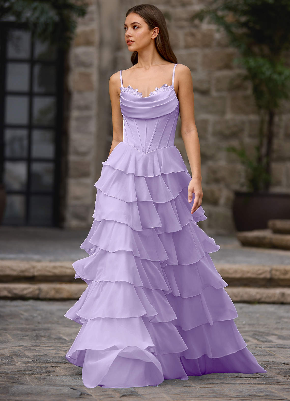 Floralace A-Line Ruffle Chiffon Evening Dress in Lilac