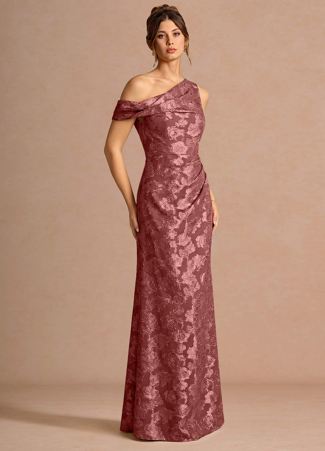 Kismet Mermaid One-Shoulder Fil Coupé Wedding Guest Dress in Vintage Rose