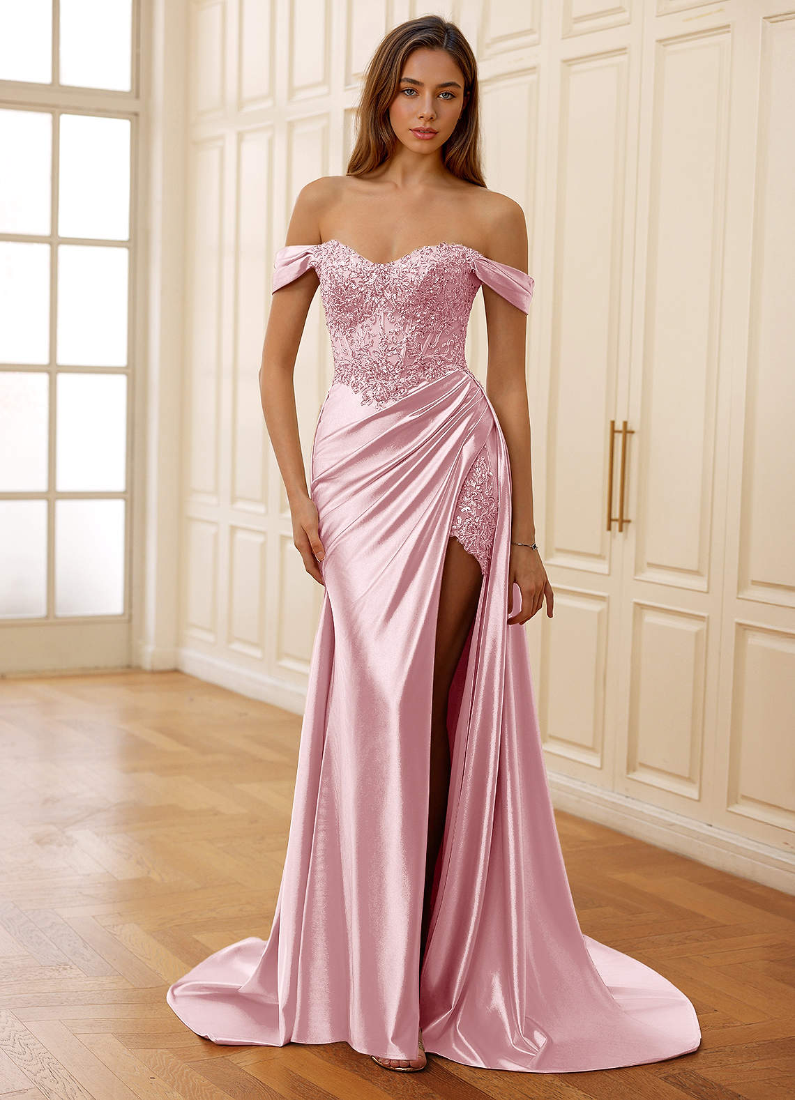 Rowane A-Line Off-the-Shoulder Satin Evening Dress in Blushing Pink