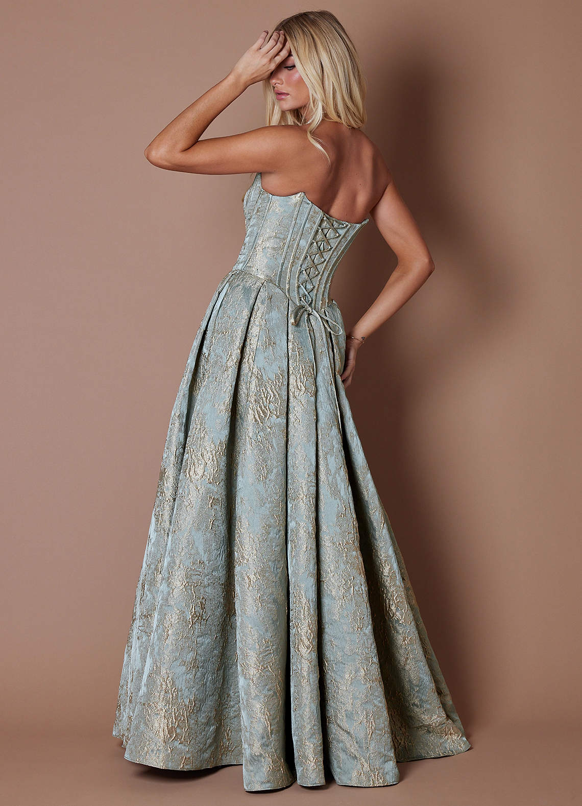 Lesley Ball Gown Strapless Brocade Evening Dress in Gilded Steel