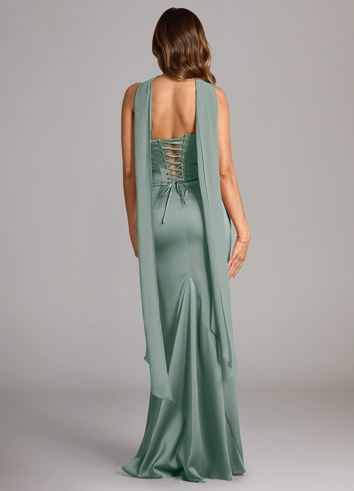 Sorrel Mermaid Cowl-Neck Stretch Satin and Chiffon Bridesmaid Dress in Silver Sage