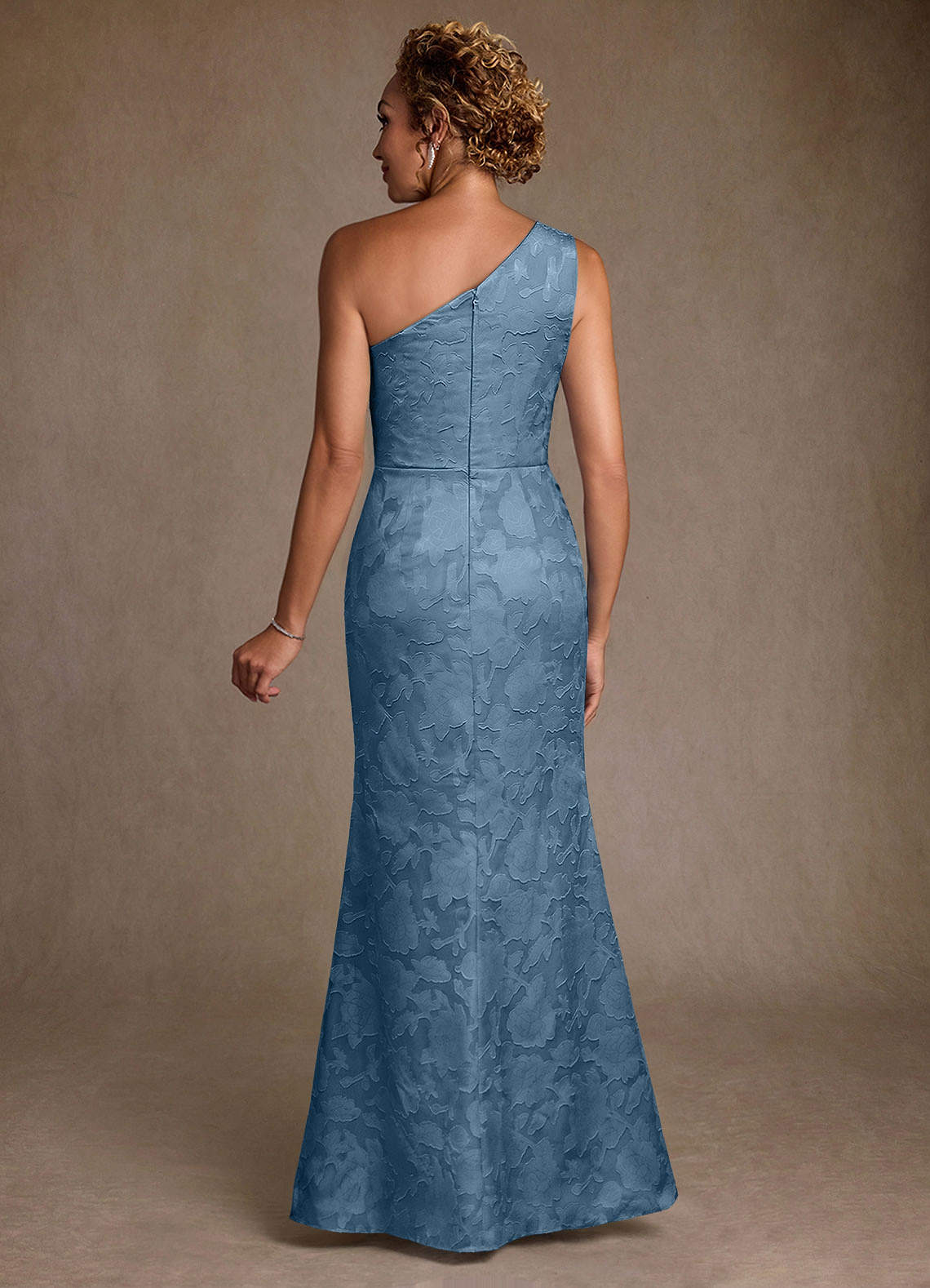 Joylin Trumpet One-Shoulder Floral Burnout Mother of the Bride Dress in Steel Blue