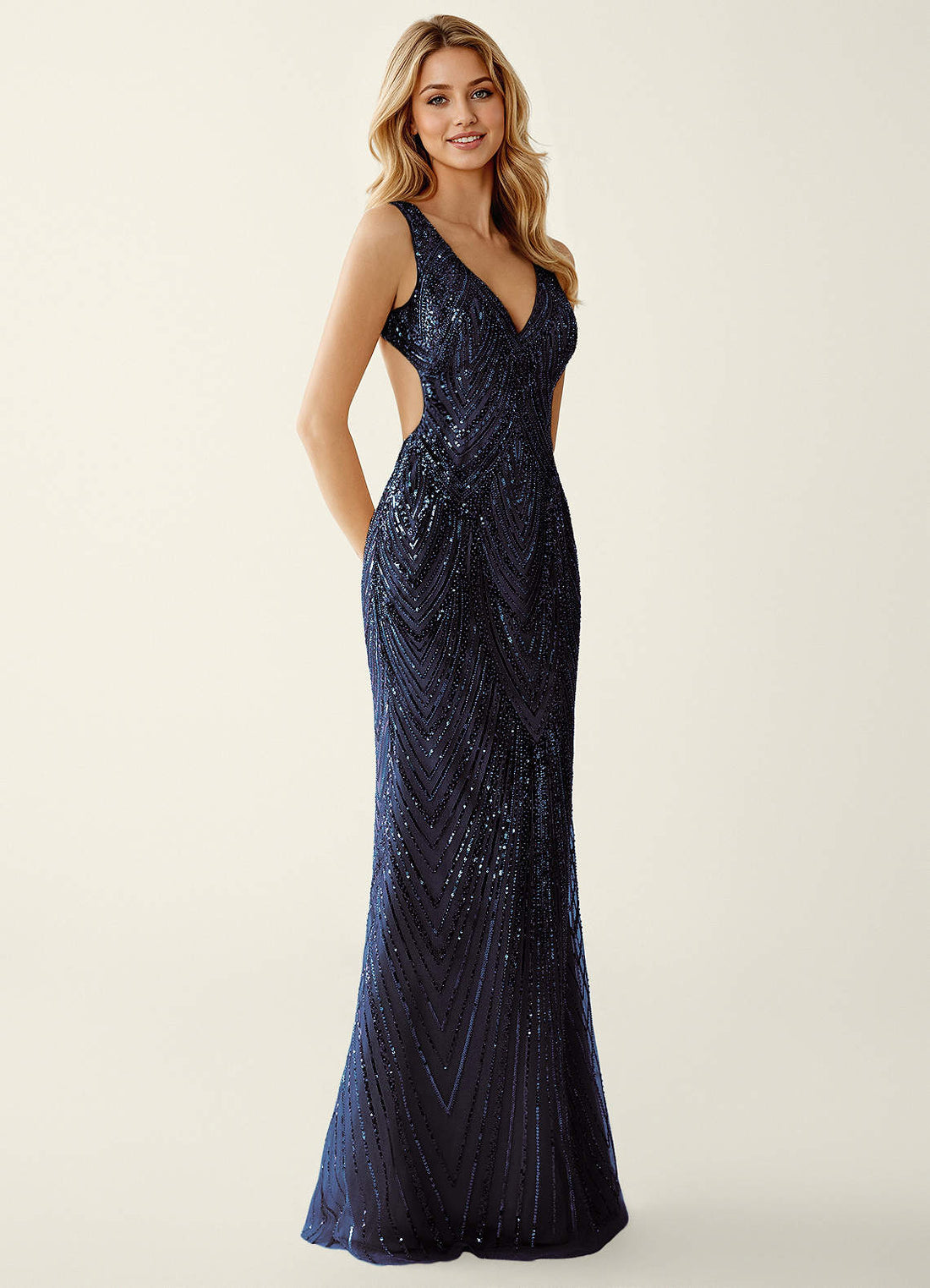 Hazelen Plunging V-Neck Chevron Sequin Tulle Evening Dress in Solid Navy