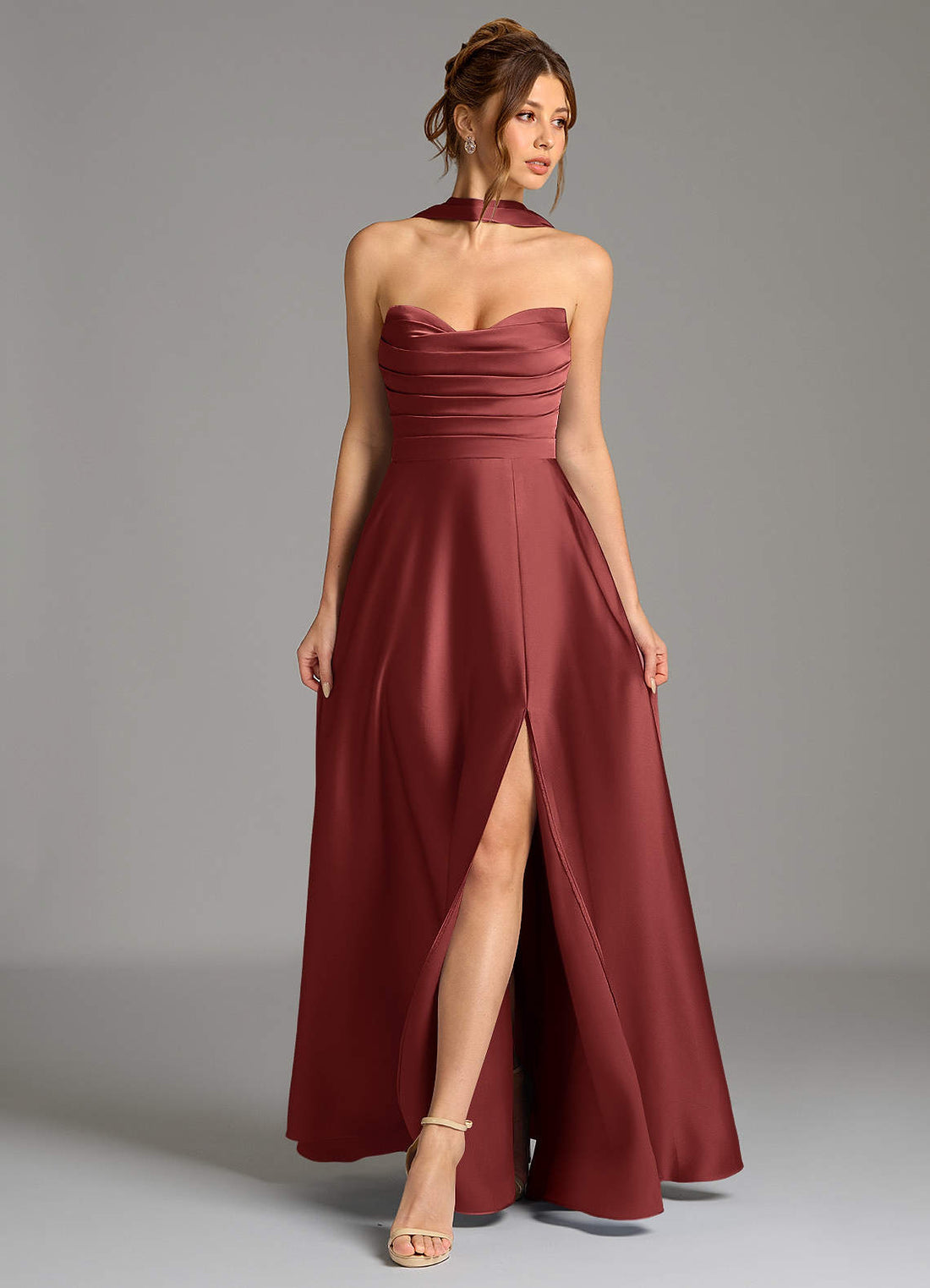 Ayla A-Line Sweetheart Stretch Satin Bridesmaid Dress in Terracotta