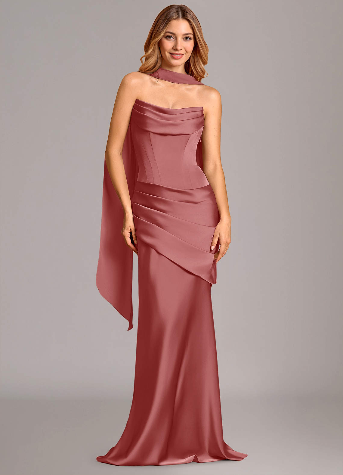 Pelagia Mermaid Cowl-Neck Stretch Satin Bridesmaid Dress in Antique Rose