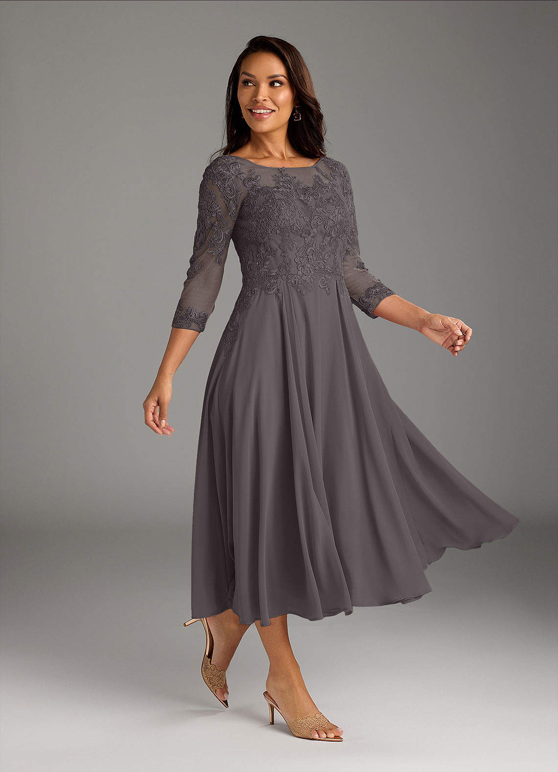 Marge A-Line Scoop-Neck Chiffon and Lace Mother of the Bride Dress in Steel Grey
