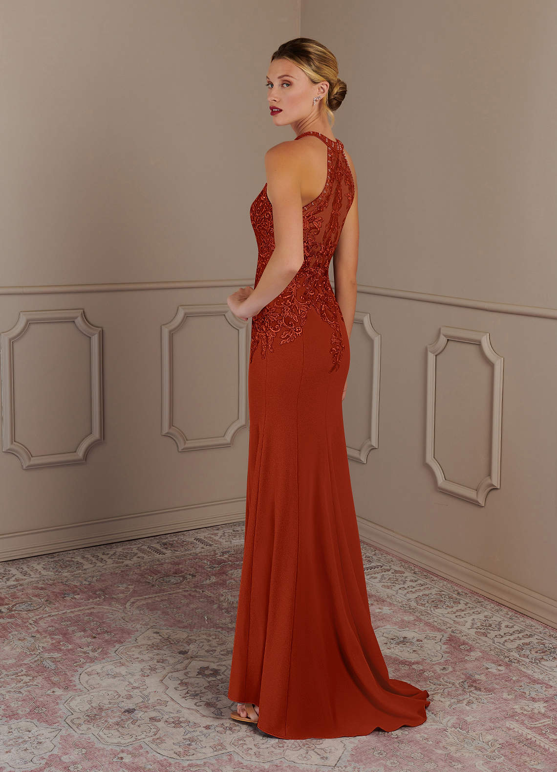 Tyra Mermaid Halter Tulle and Stretch Crepe Mother of the Bride Dress in Rust