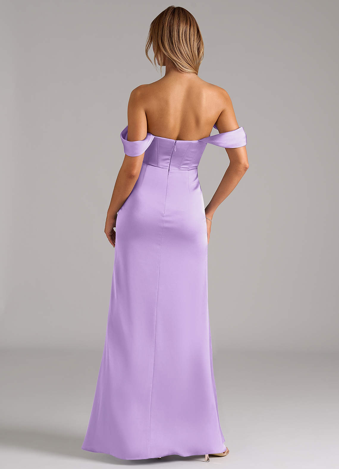 Johana Mermaid Off-the-Shoulder Stretch Satin Bridesmaid Dress in Lilac