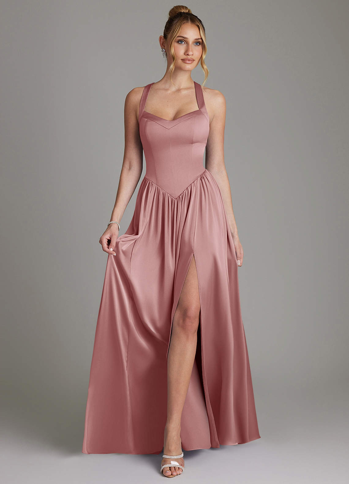 Francis A-Line V-Neck Stretch Satin Bridesmaid Dress in dusty rose