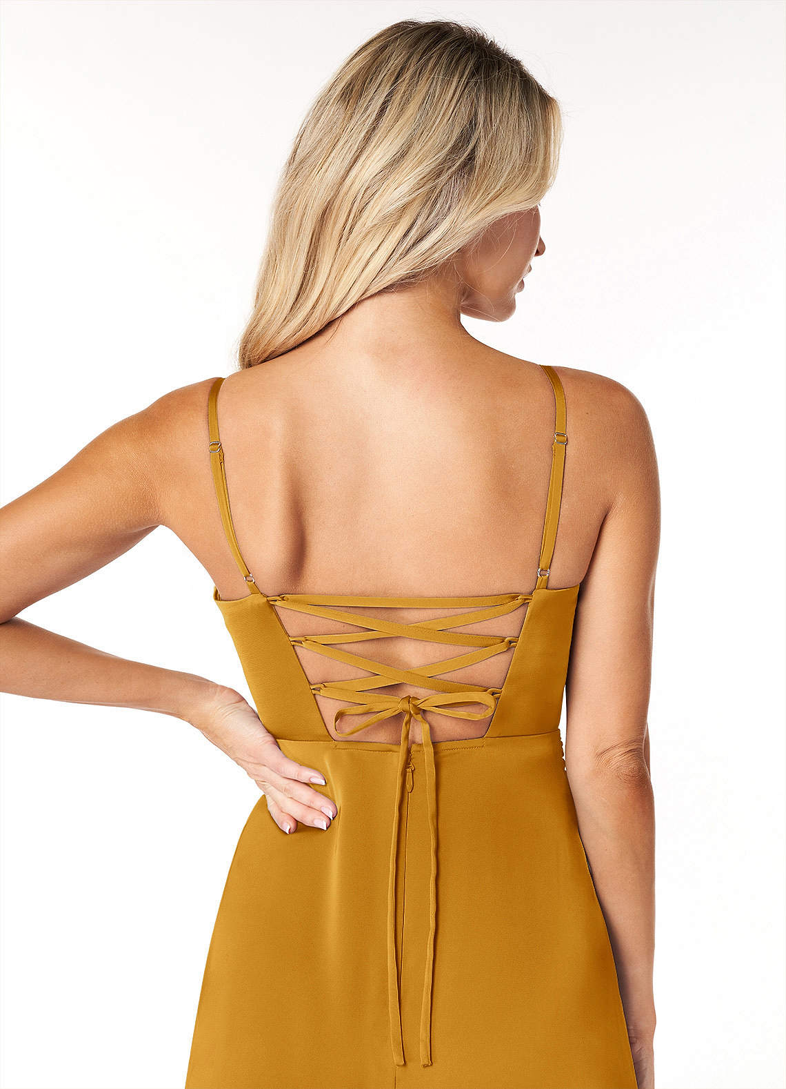 Marchella A-Line V-Neck Stretch Satin Bridesmaid Dress in butterscotch
