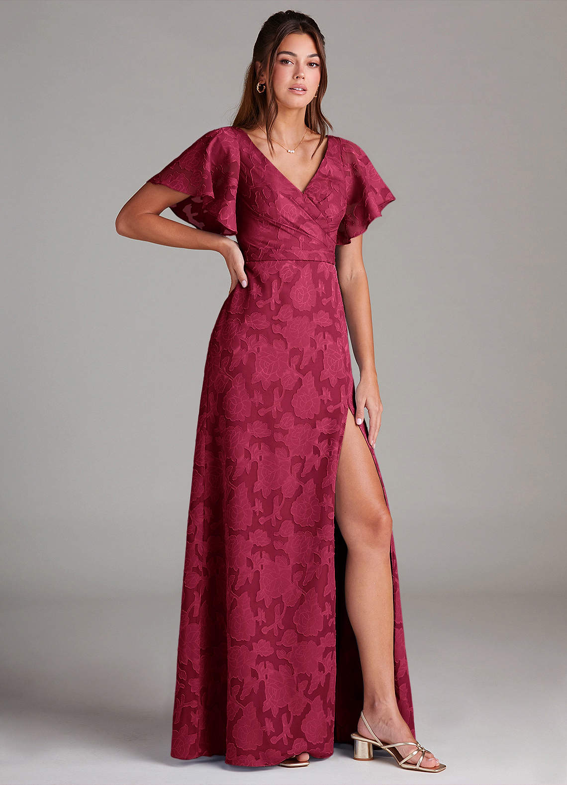 Ambrosia A-Line V-Neck Floral Burnout Bridesmaid Dress in Burgundy