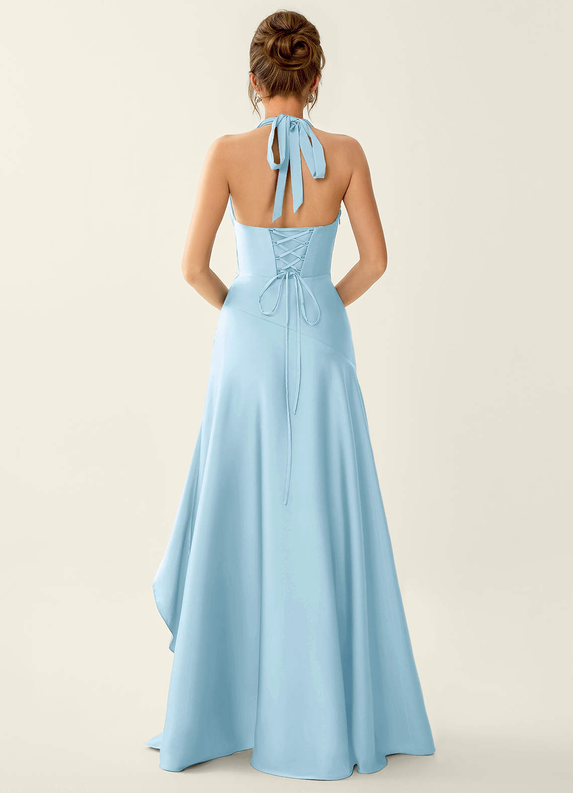 Titania Halter Asymmetric-Ruffle Satin Evening Dress in Sky Blue