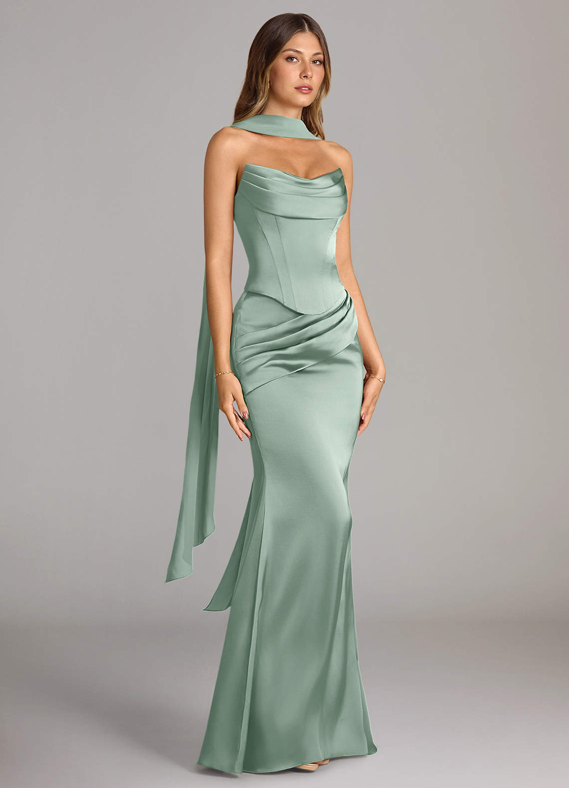 Sorrel Mermaid Cowl-Neck Stretch Satin and Chiffon Bridesmaid Dress in Agave