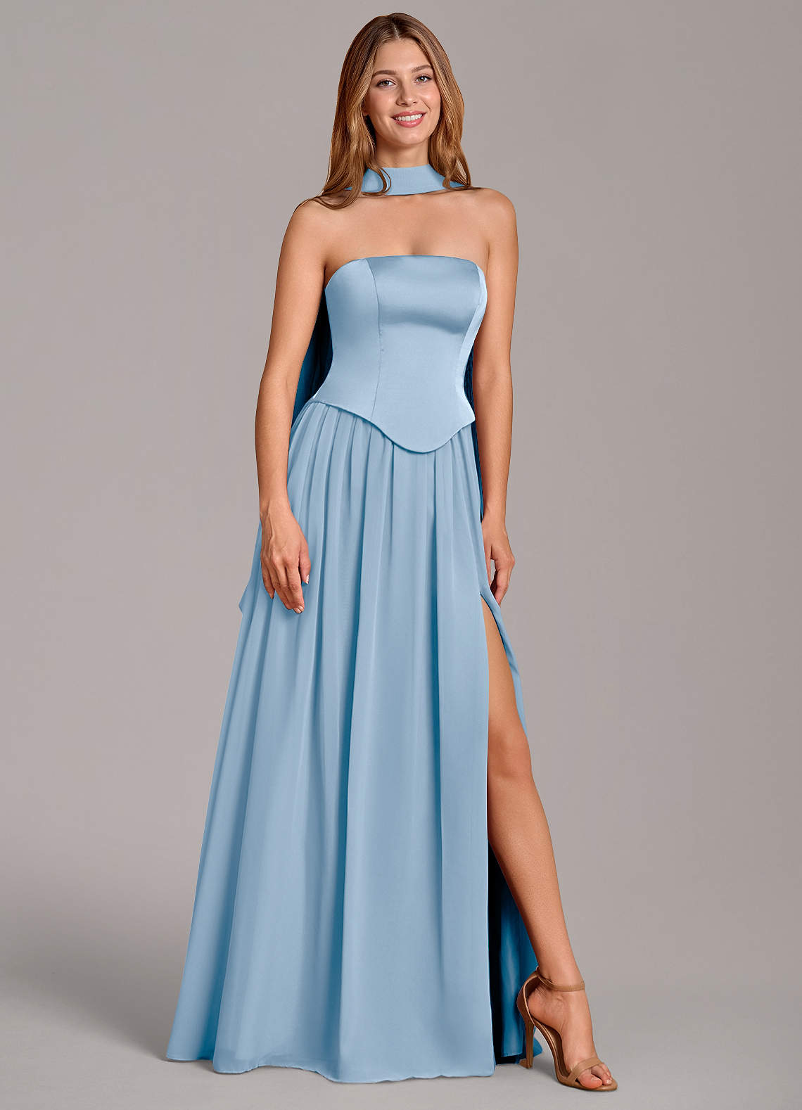 Cadence A-Line Strapless Chiffon and Stretch Satin Bridesmaid Dress in Powder Blue