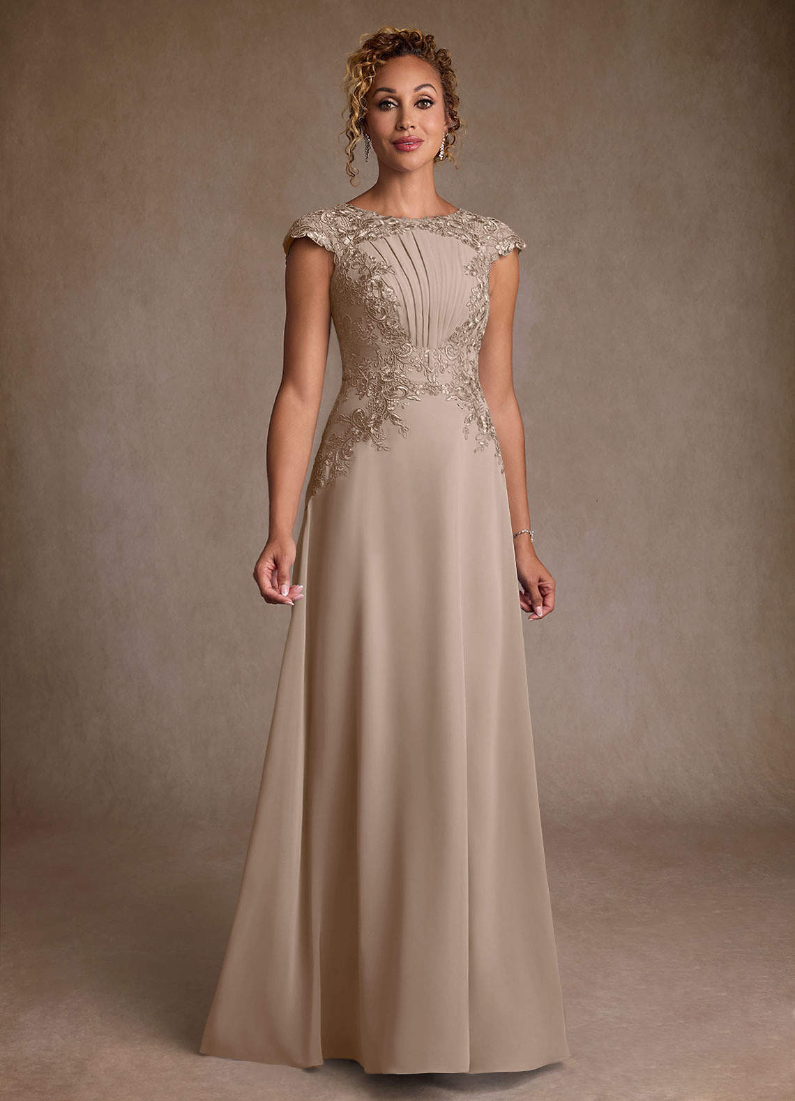 Christi A-Line Scoop-Neck Chiffon and Lace Mother of the Bride Dress in taupe