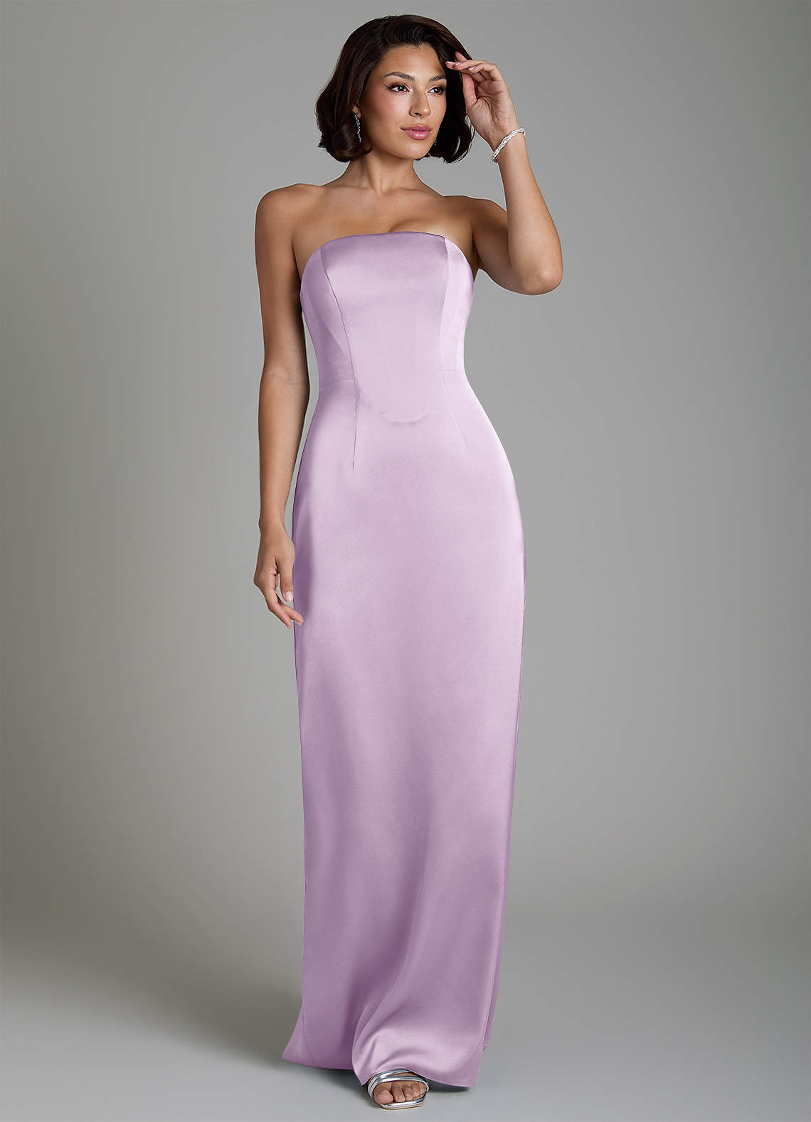 Fallyn Sheath Strapless Stretch Satin Bridesmaid Dress in Frosted Lilac