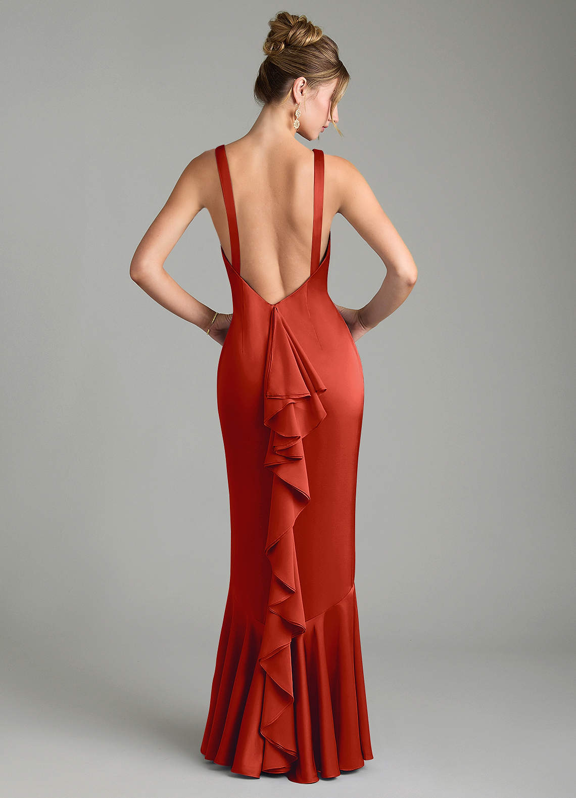 Tamera Mermaid Boat-Neck Stretch Satin and Chiffon Bridesmaid Dress in Rust