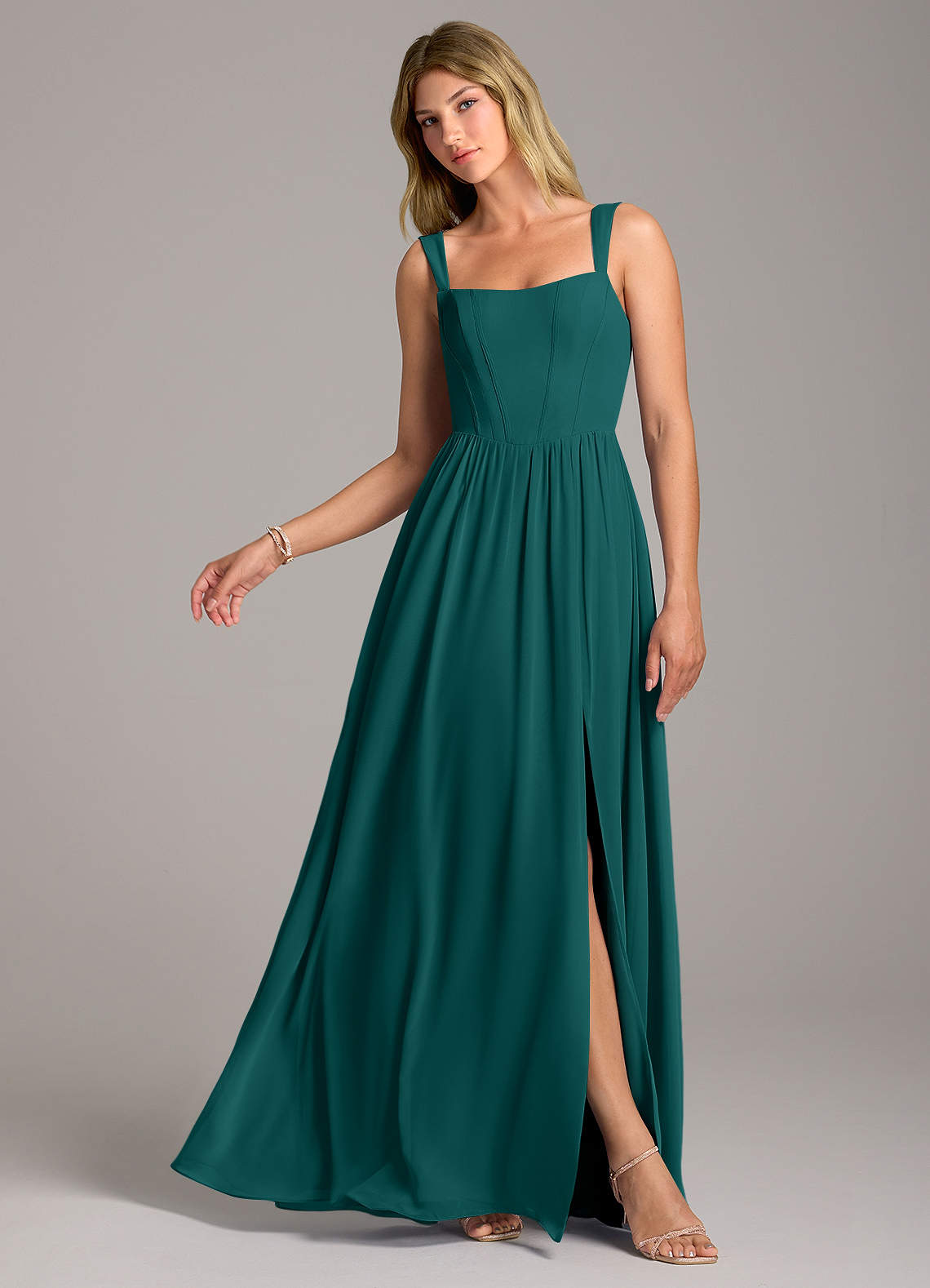 Rosaline A-Line Square-Neck Chiffon Bridesmaid Dress in Peacock