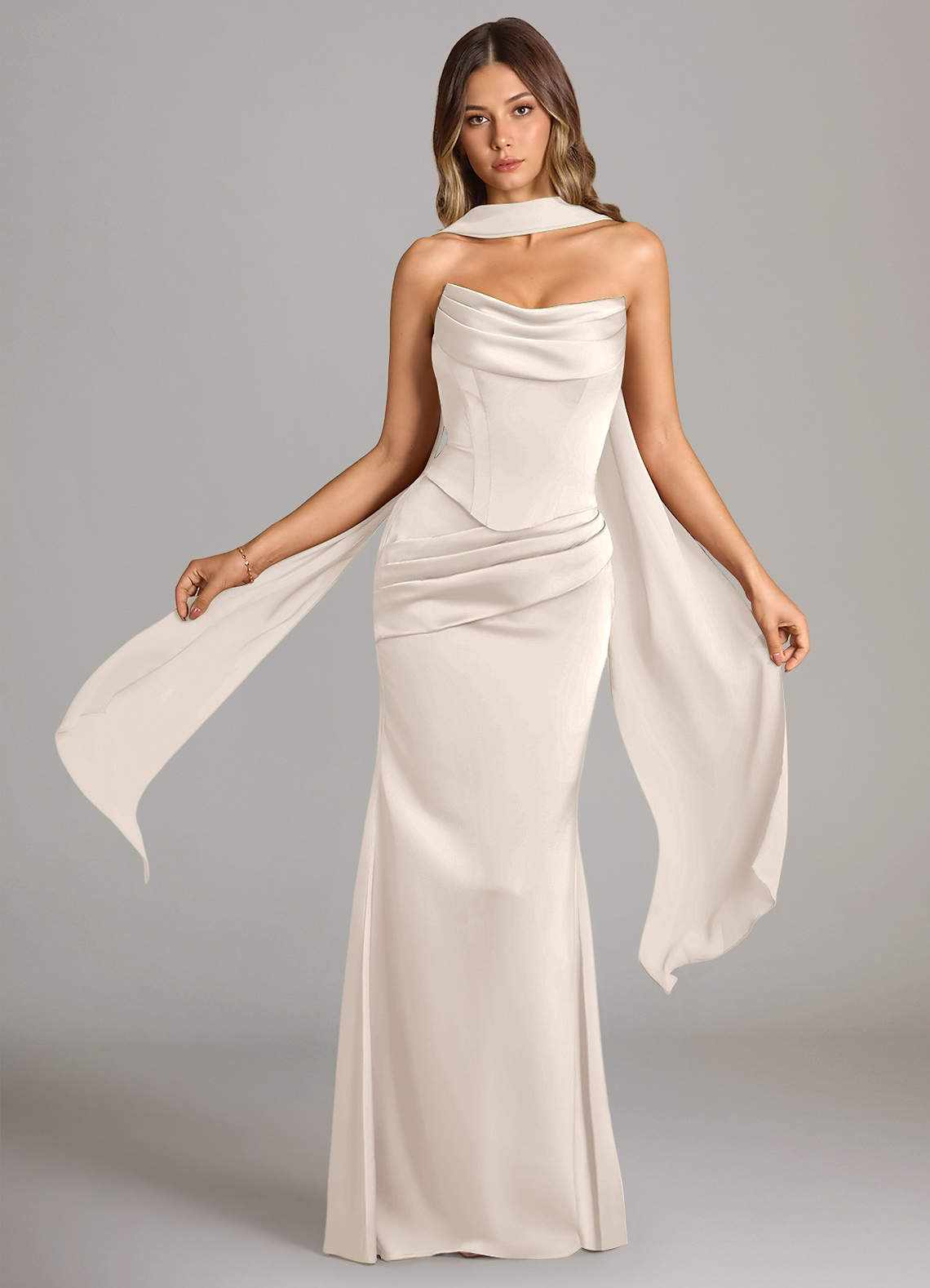 Sorrel Mermaid Cowl-Neck Stretch Satin and Chiffon Bridesmaid Dress in White Alabaster