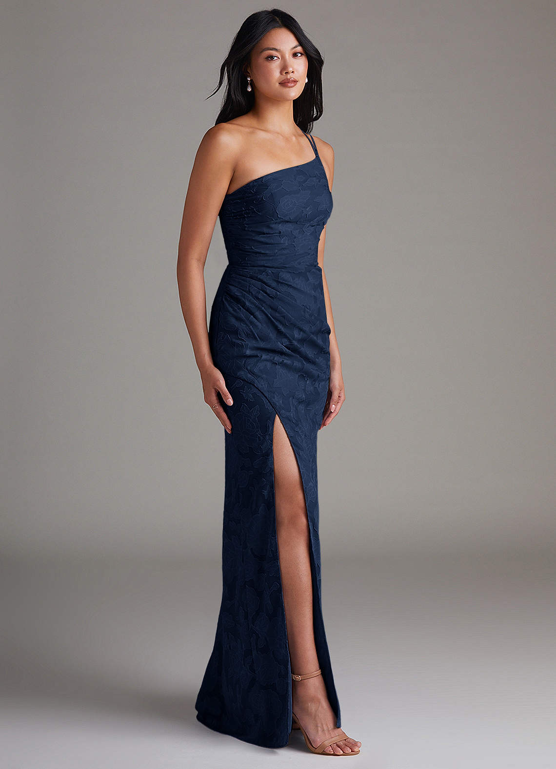 Eren Sheath One-Shoulder Floral Burnout Bridesmaid Dress in Dark Navy