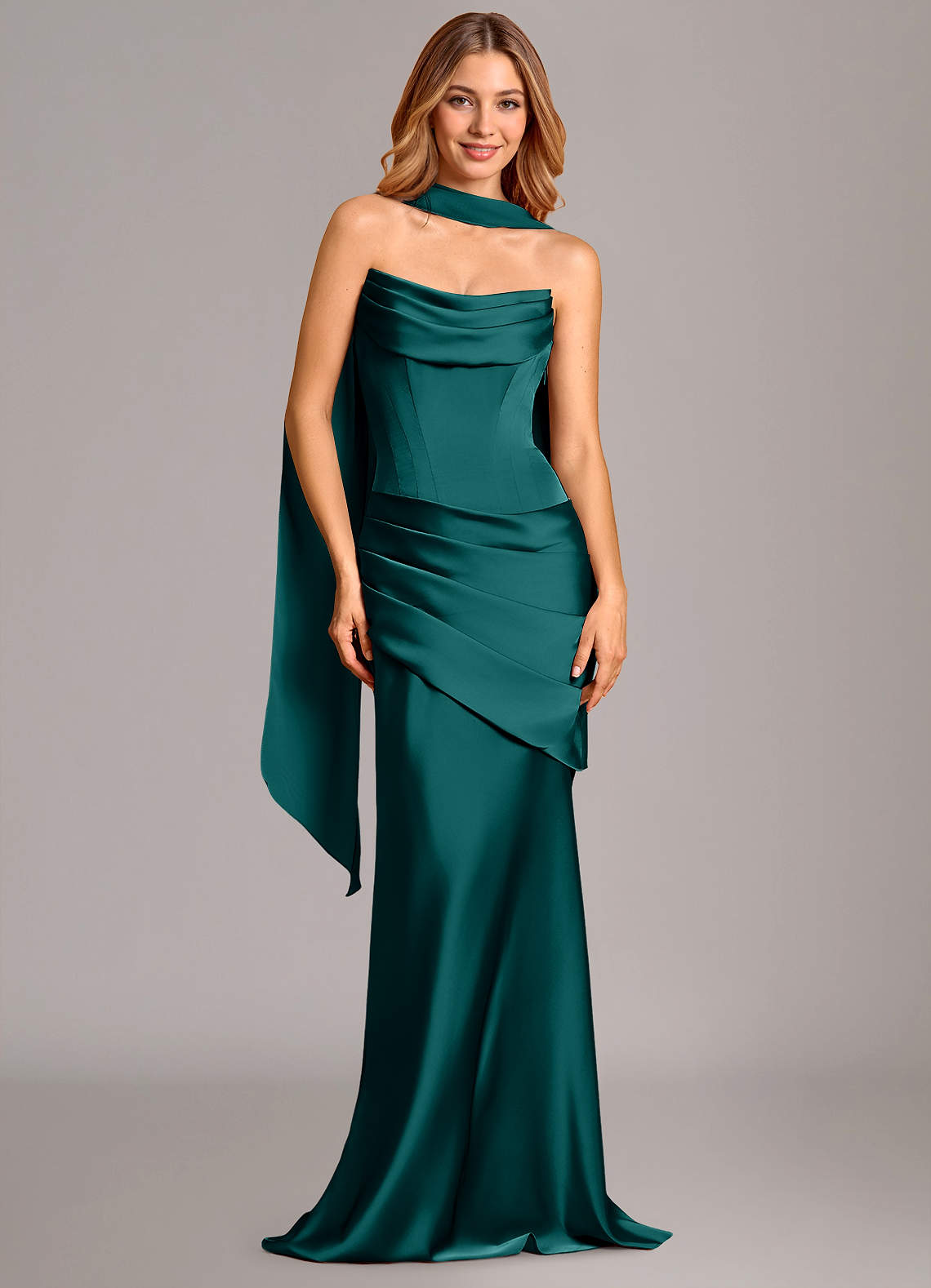 Pelagia Mermaid Cowl-Neck Stretch Satin Bridesmaid Dress in Peacock