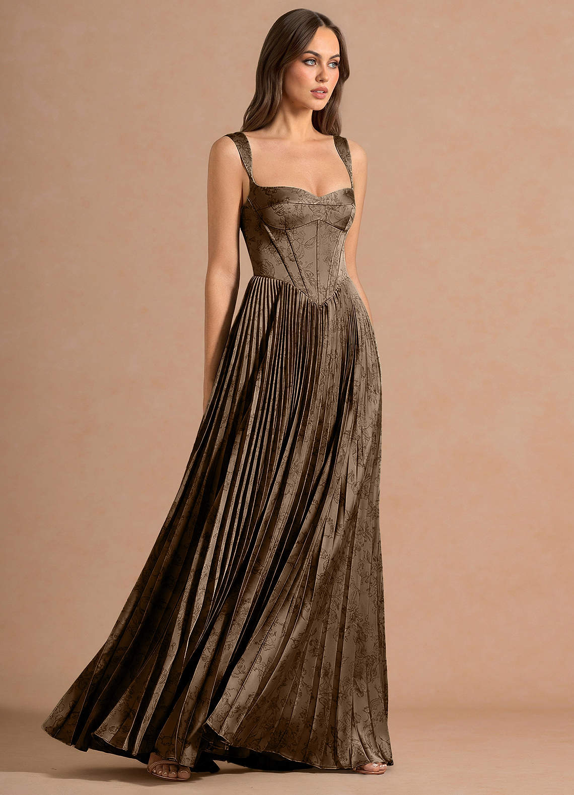 Isonelle A-Line Sweetheart Jacquard Wedding Guest Dress in Coffee Brown