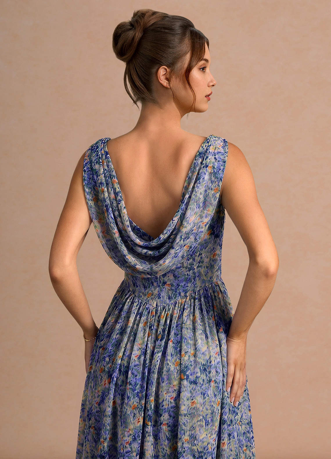 Aurore A-Line Cowl-Neck Chiffon Wedding Guest Dress in Lilac Floral