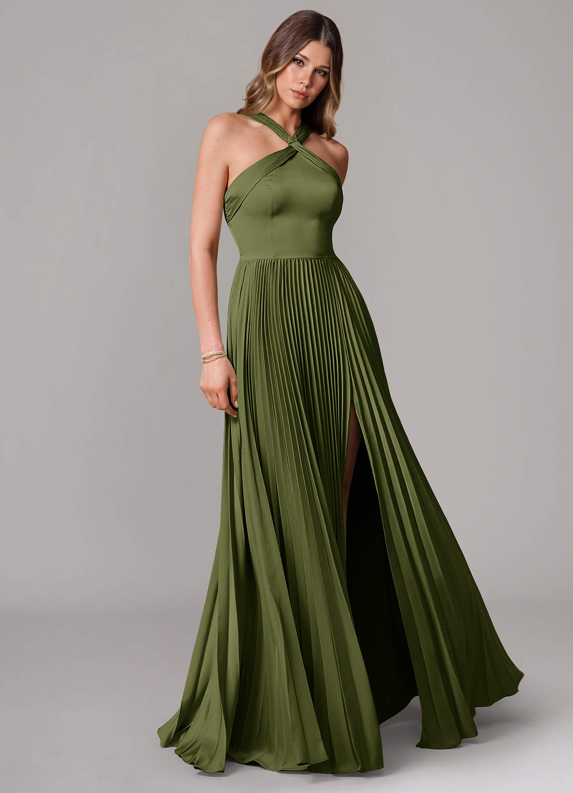Afra A-Line Halter-Neck Stretch Satin Bridesmaid Dress in Olive