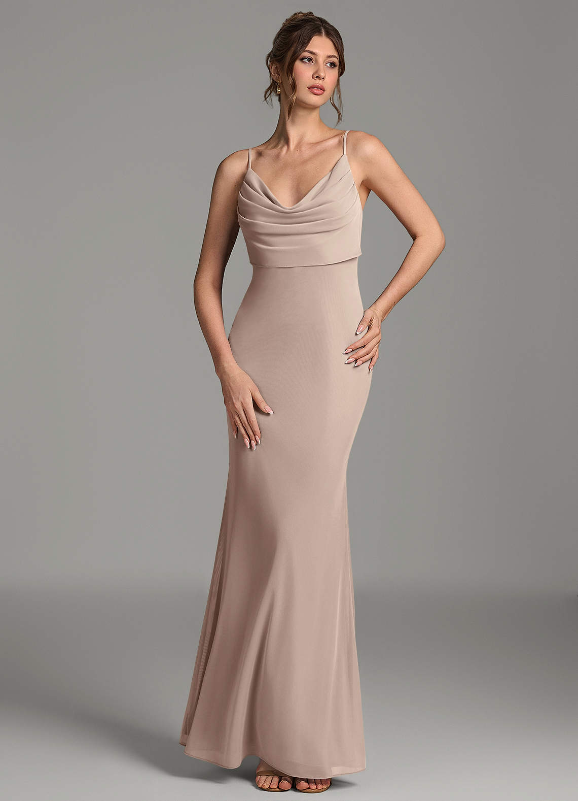 Zari Mermaid Cowl-Neck Mesh Bridesmaid Dress in Taupe