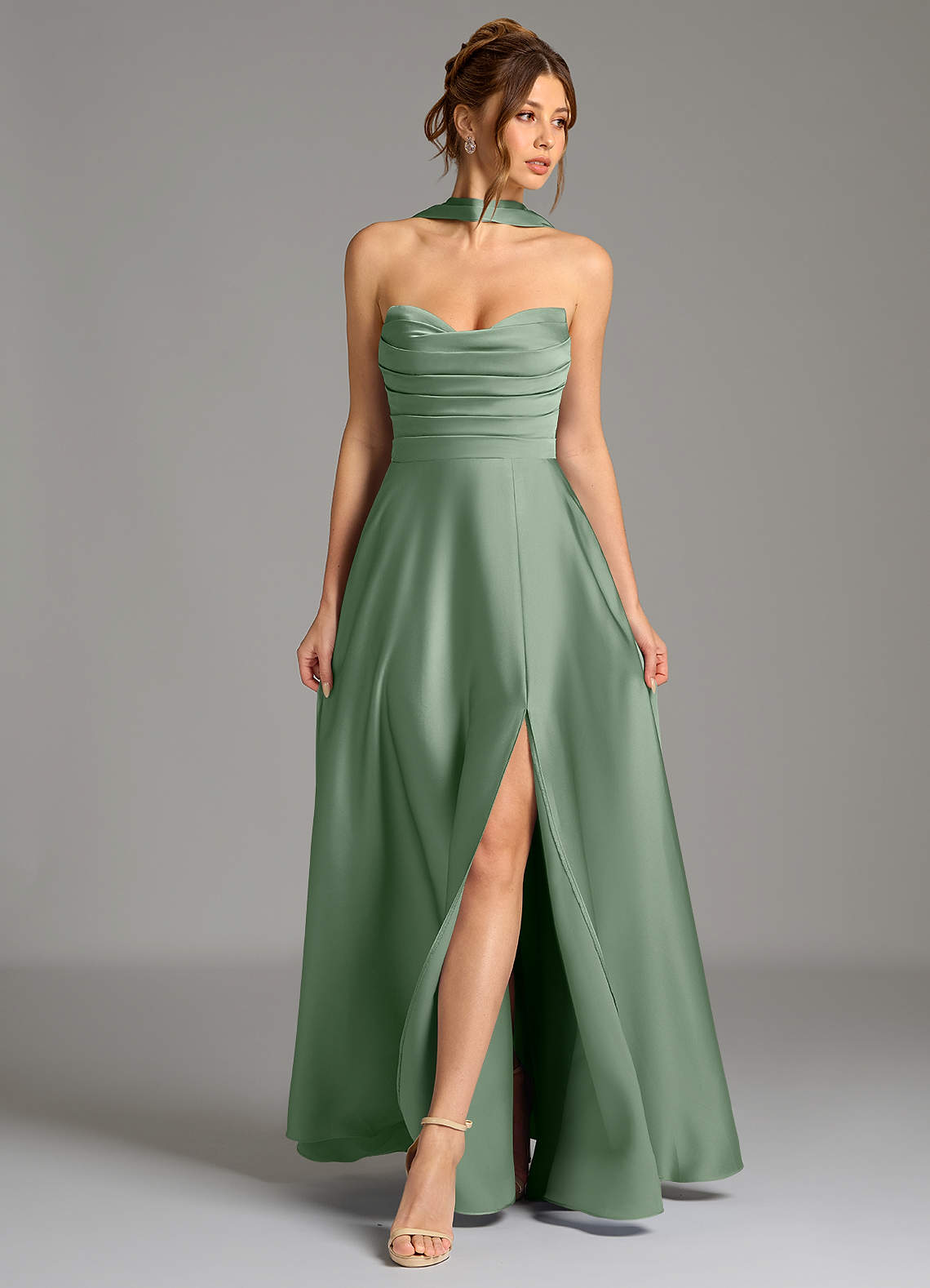 Ayla A-Line Sweetheart Stretch Satin Bridesmaid Dress in Matcha