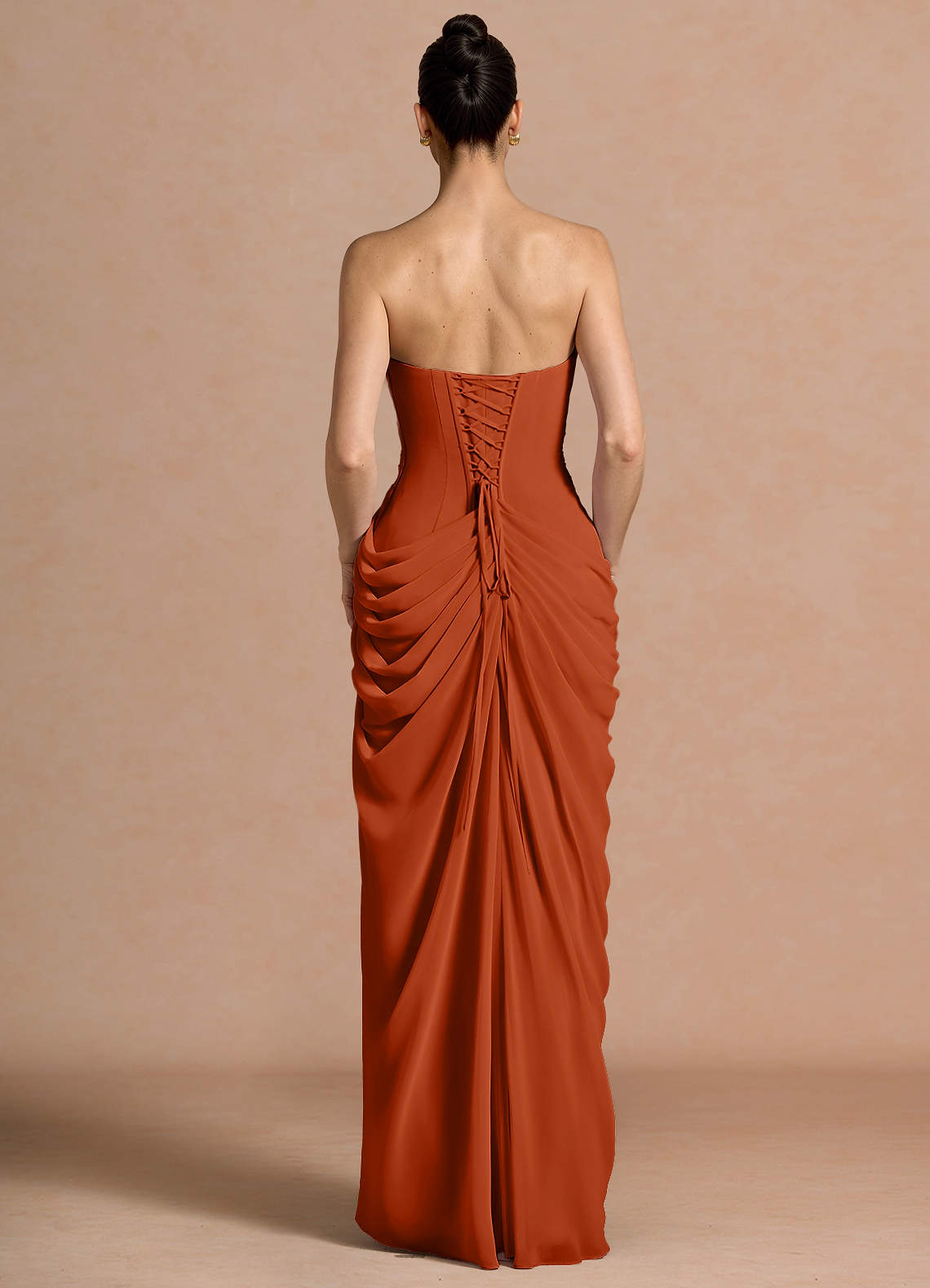 Kaavia Column Pleated Chiffon Maxi Evening Dress in Rust