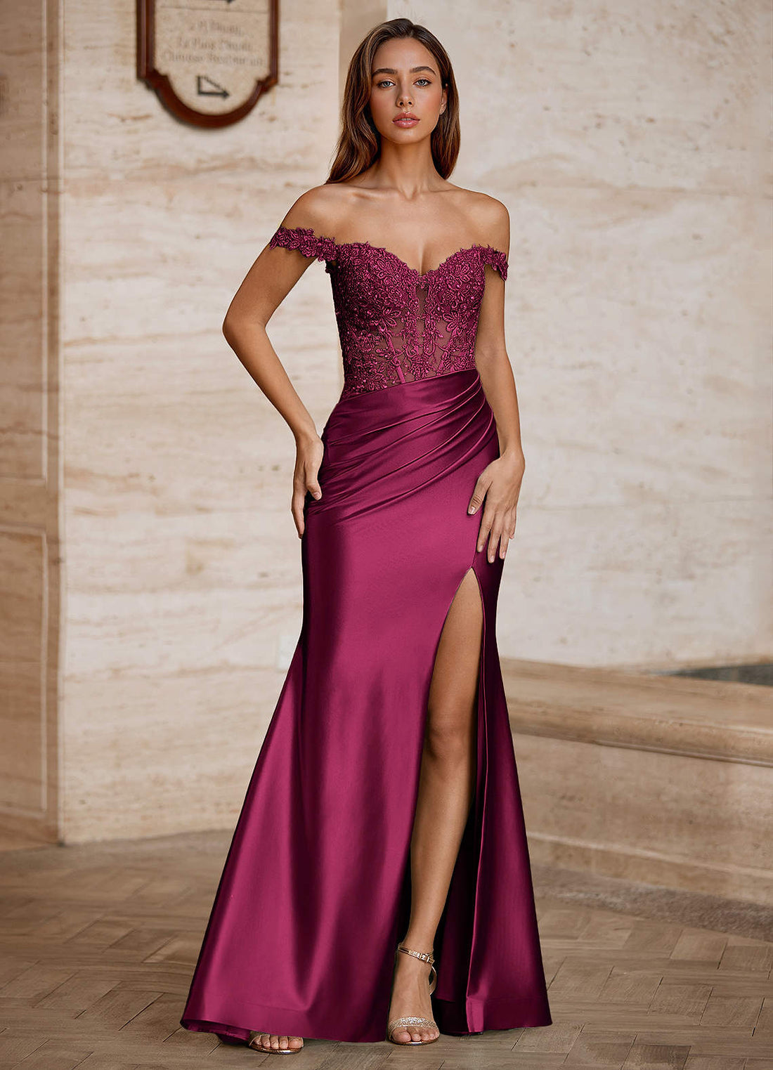 Wrentino Mermaid Off-the-Shoulder Stretch Satin Evening Dress in Wine