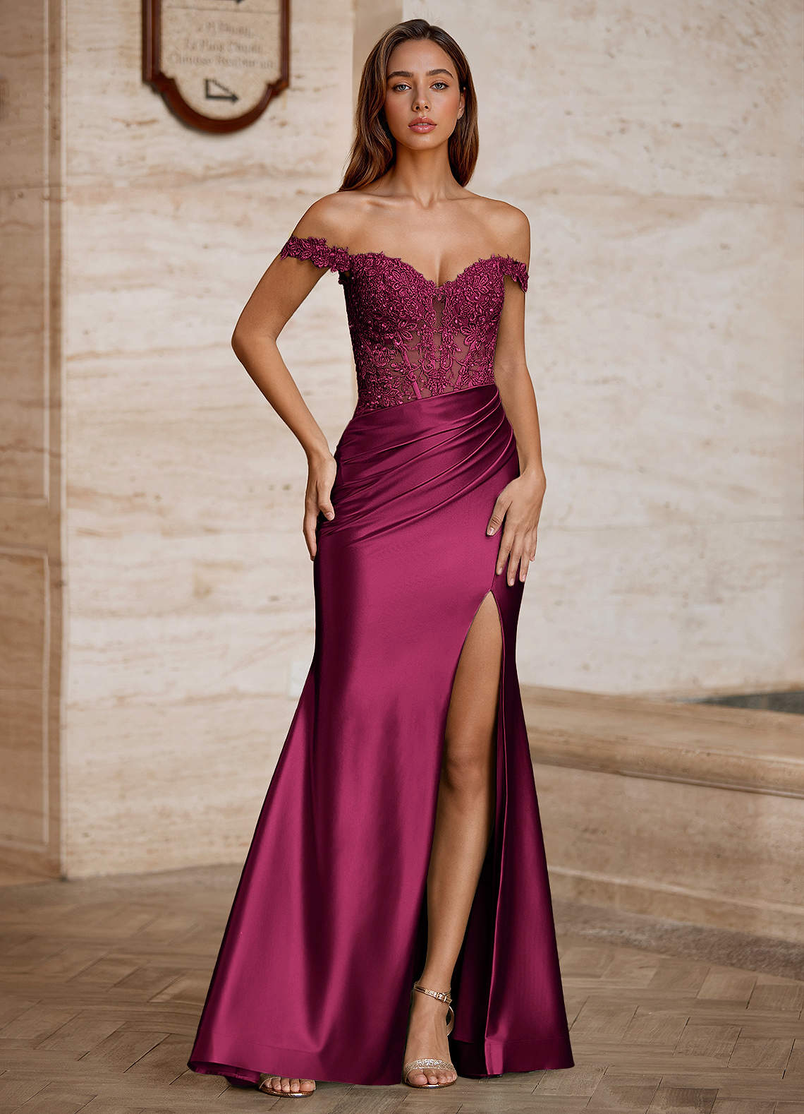Wrentino Mermaid Off-the-Shoulder Stretch Satin Evening Dress in Wine