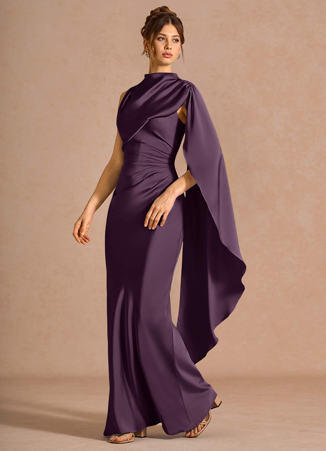 Chesney Cape-Sleeve Pleated Stretch Satin Wedding Guest Dress in Dark Purple
