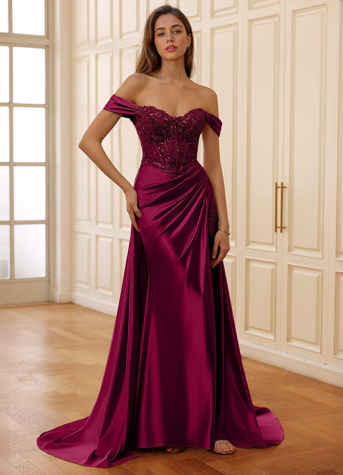Rowane A-Line Off-the-Shoulder Satin Evening Dress in Burgundy