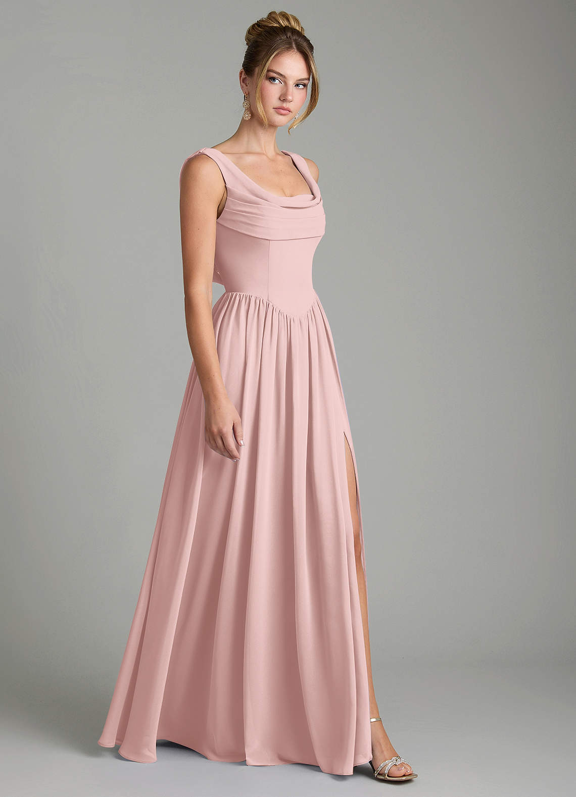 Novi A-Line Square-Neck Chiffon Bridesmaid Dress in Powder Pink