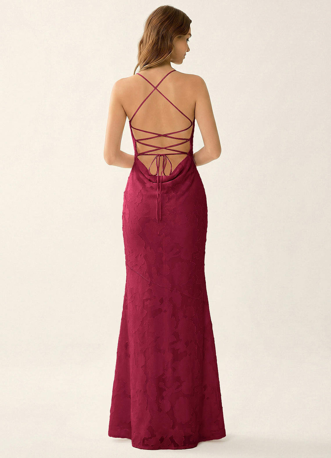 Natasha Mermaid Spaghetti-Strap Floral Burnout Evening Dress in Burgundy