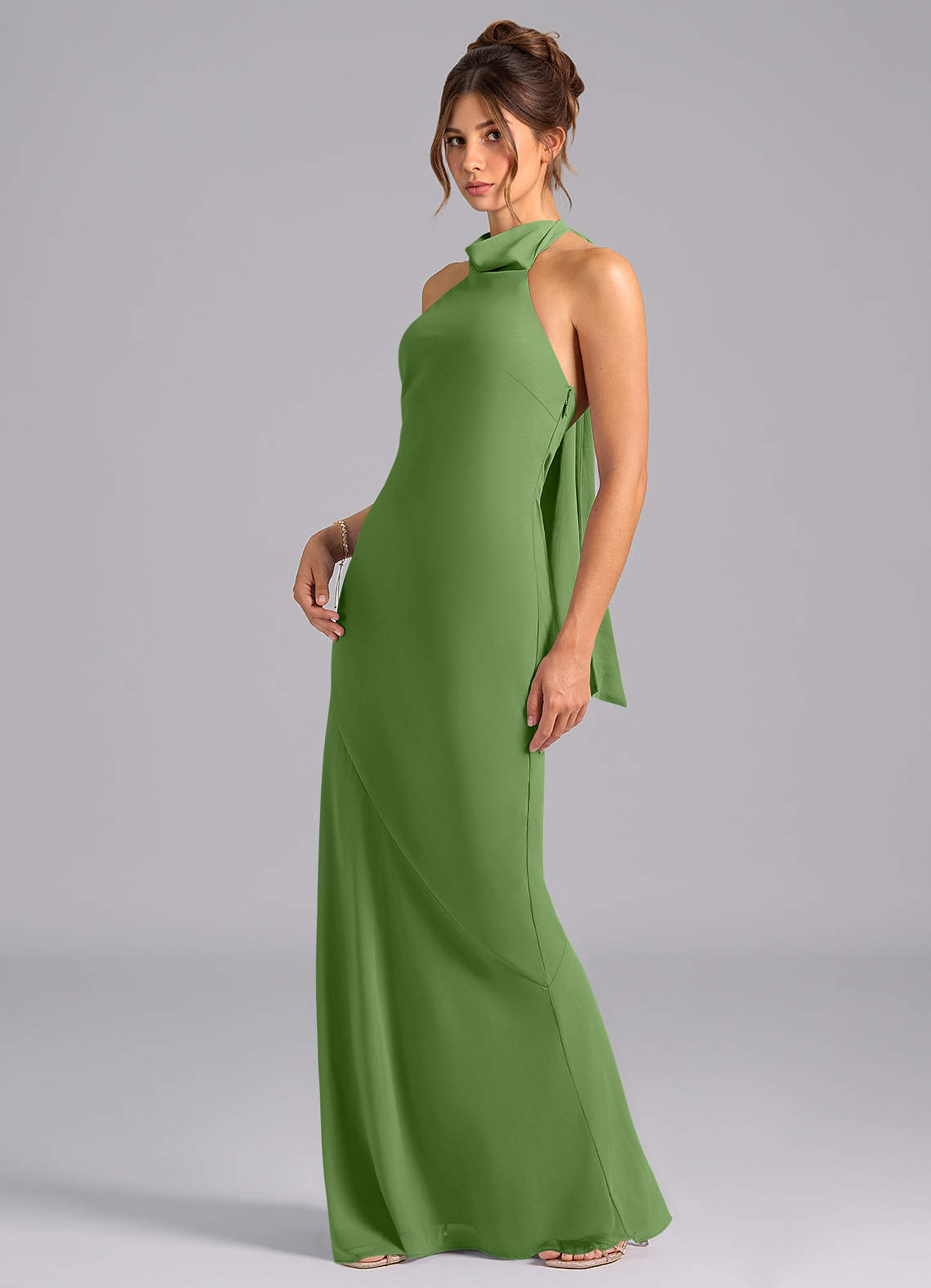 Velli Mermaid Halter Chiffon Bridesmaid Dress in Basil