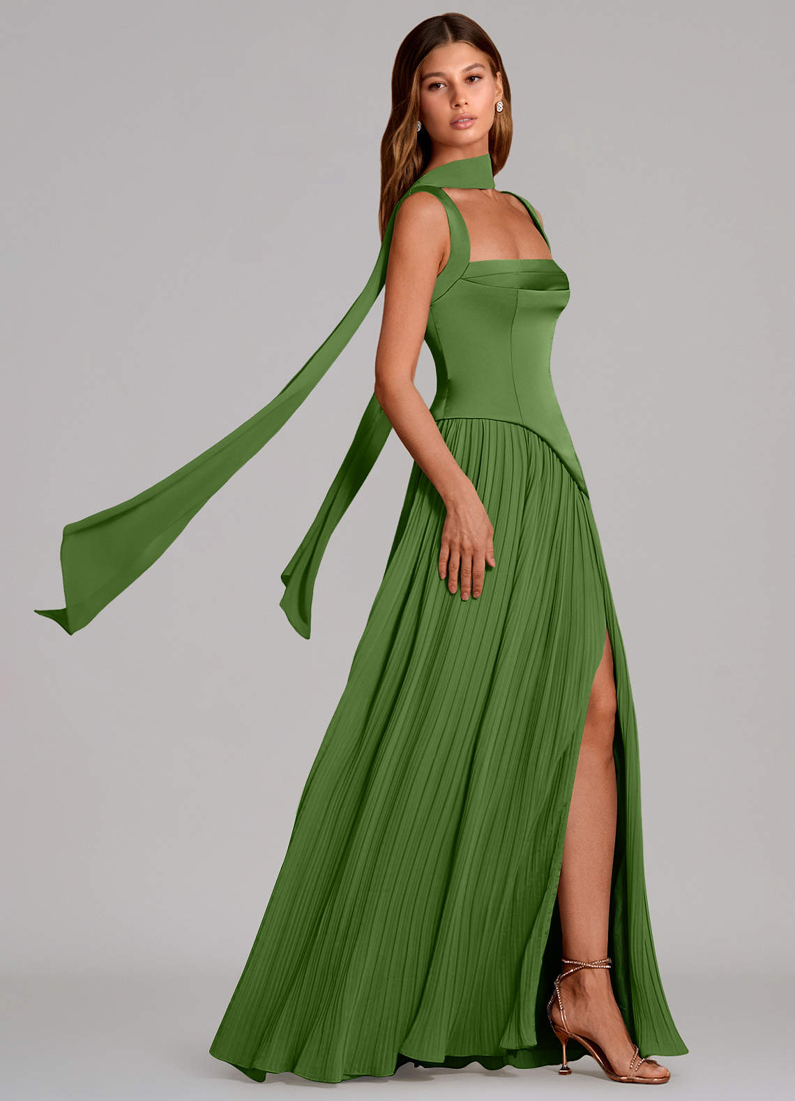 Stephanie A-Line Square-Neck Stretch Satin and Chiffon Bridesmaid Dress in Basil