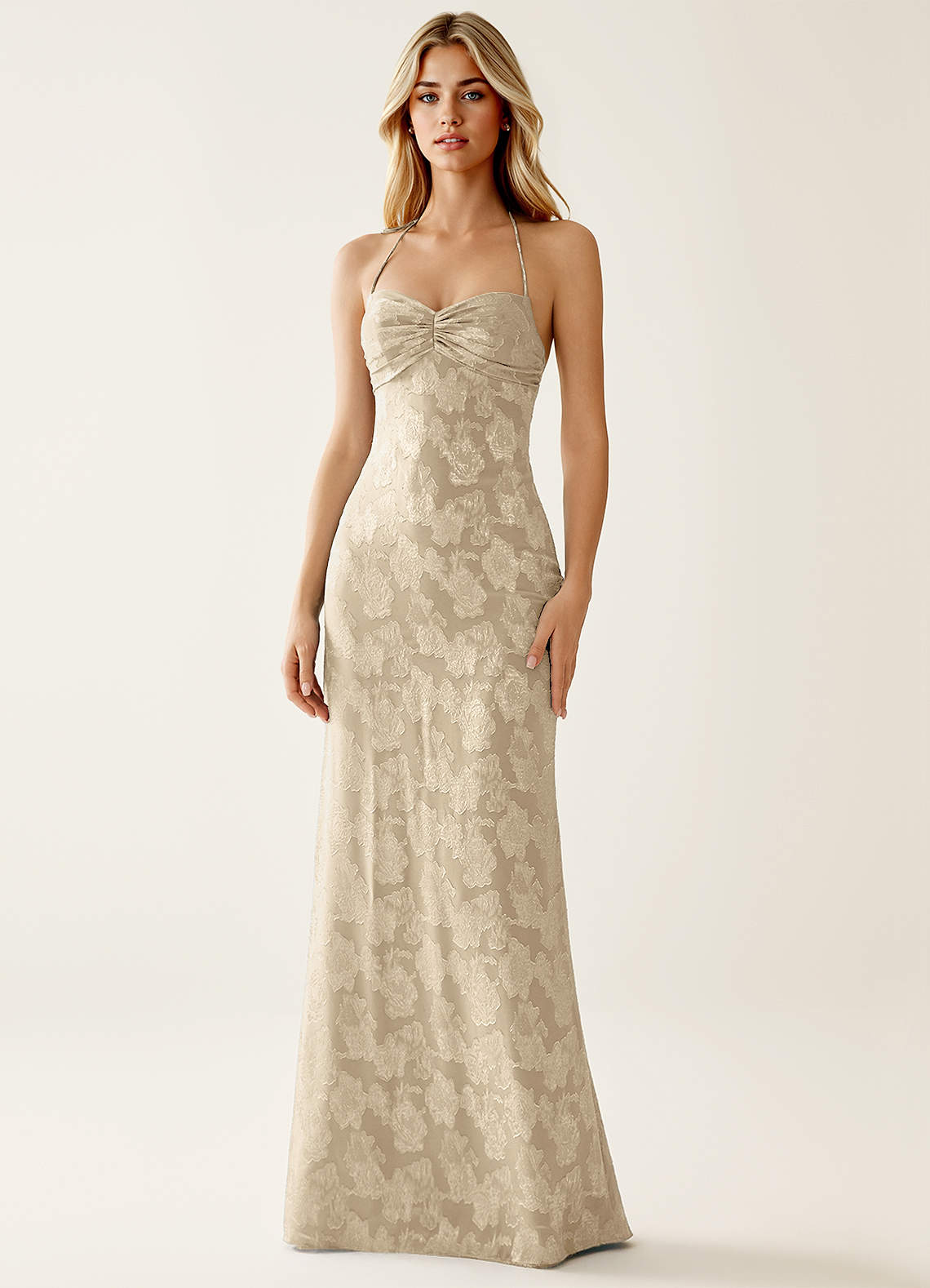 Angena Sheath Halter Floral Burnout Evening Dress in Cream