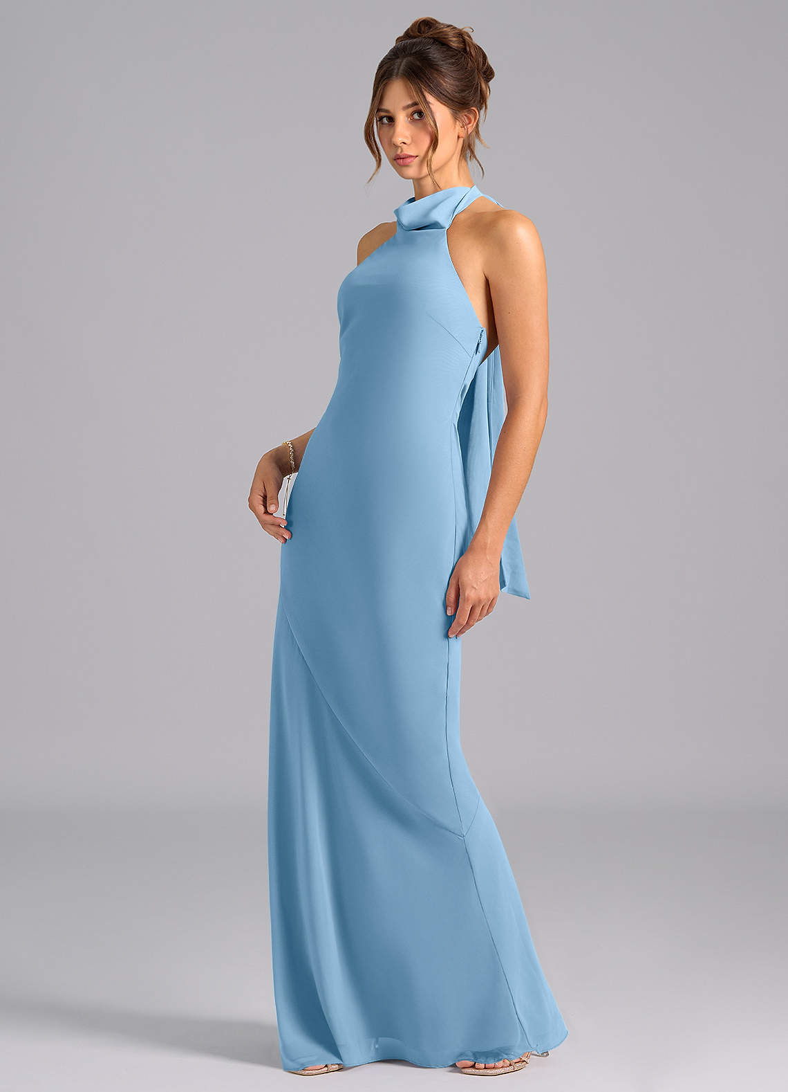 Velli Mermaid Halter Chiffon Bridesmaid Dress in Steel Blue