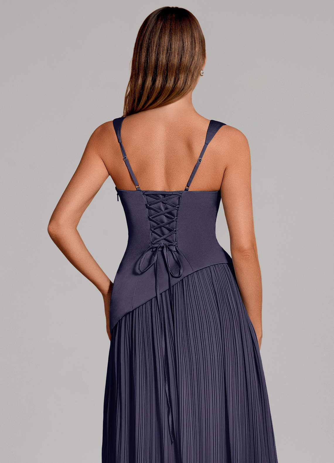Stephanie A-Line Square-Neck Stretch Satin and Chiffon Bridesmaid Dress in Stormy