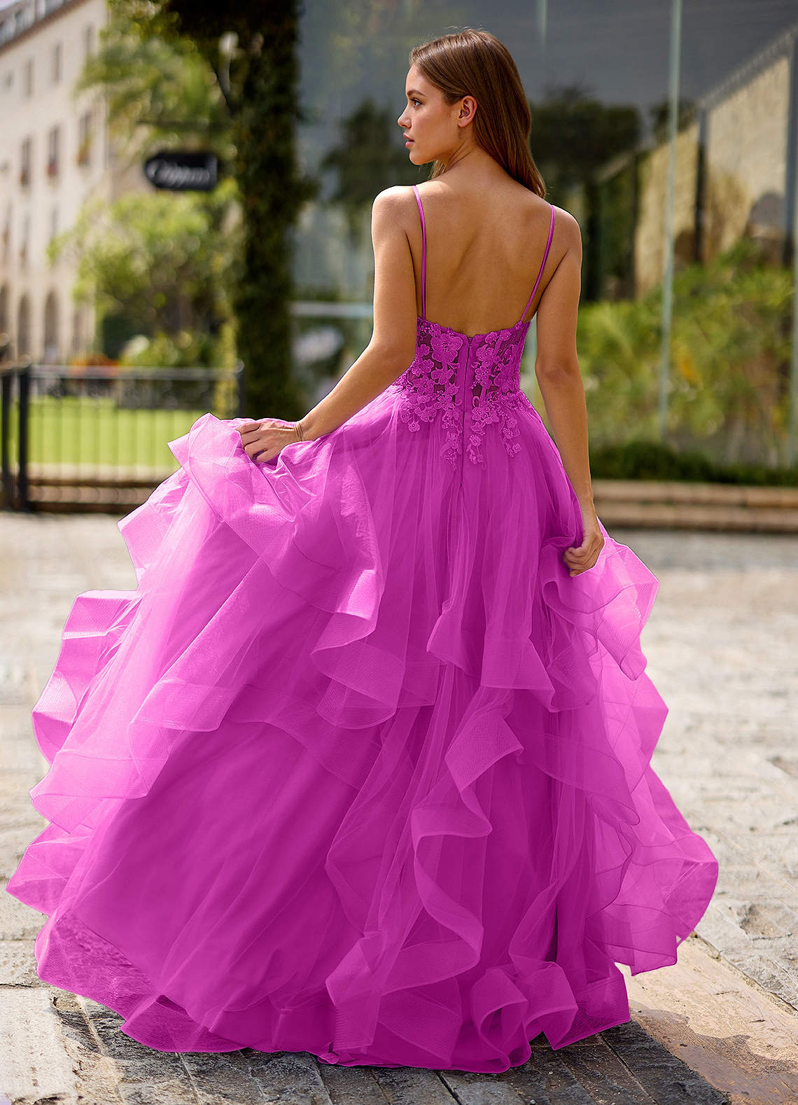 Spitze Ball Gown Sweetheart Lace Tulle Evening Dress in Fuchsia