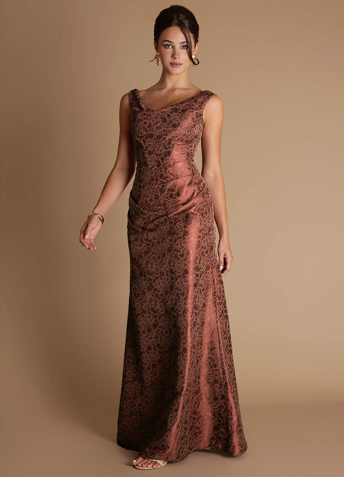 Kiana Mermaid Scoop-Neck Jacquard Wedding Guest Dress in Brick Red