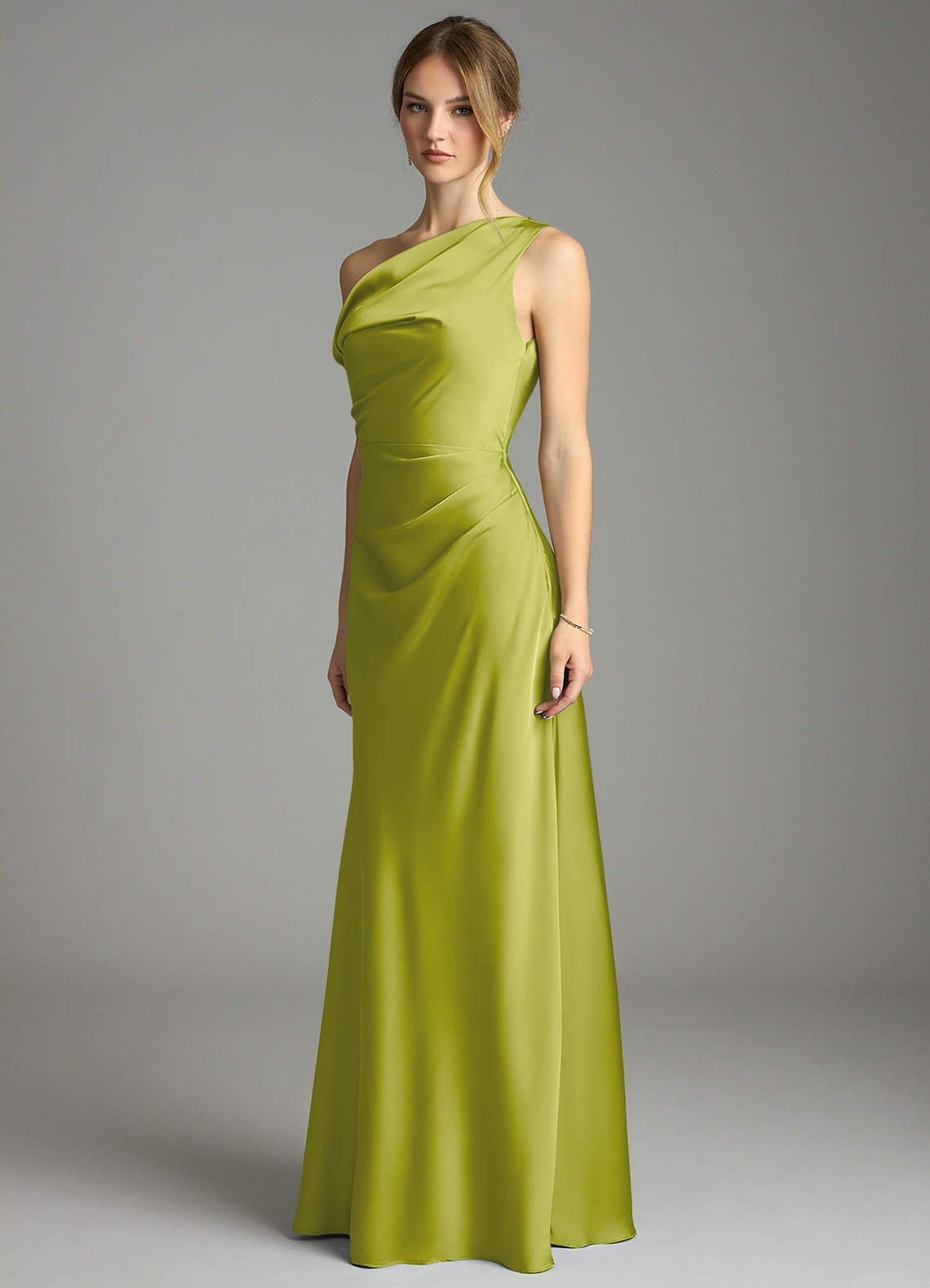Emerson Mermaid One-Shoulder Stretch Satin Bridesmaid Dress in Lemongrass