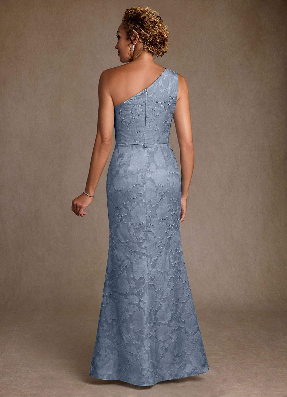 Joylin Trumpet One-Shoulder Floral Burnout Mother of the Bride Dress in dusty blue