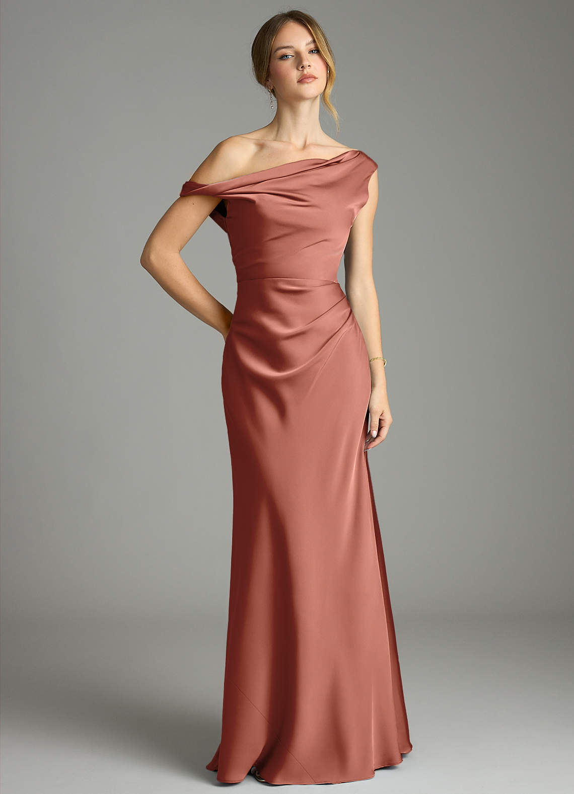 Emerson Mermaid One-Shoulder Stretch Satin Bridesmaid Dress in Auburn