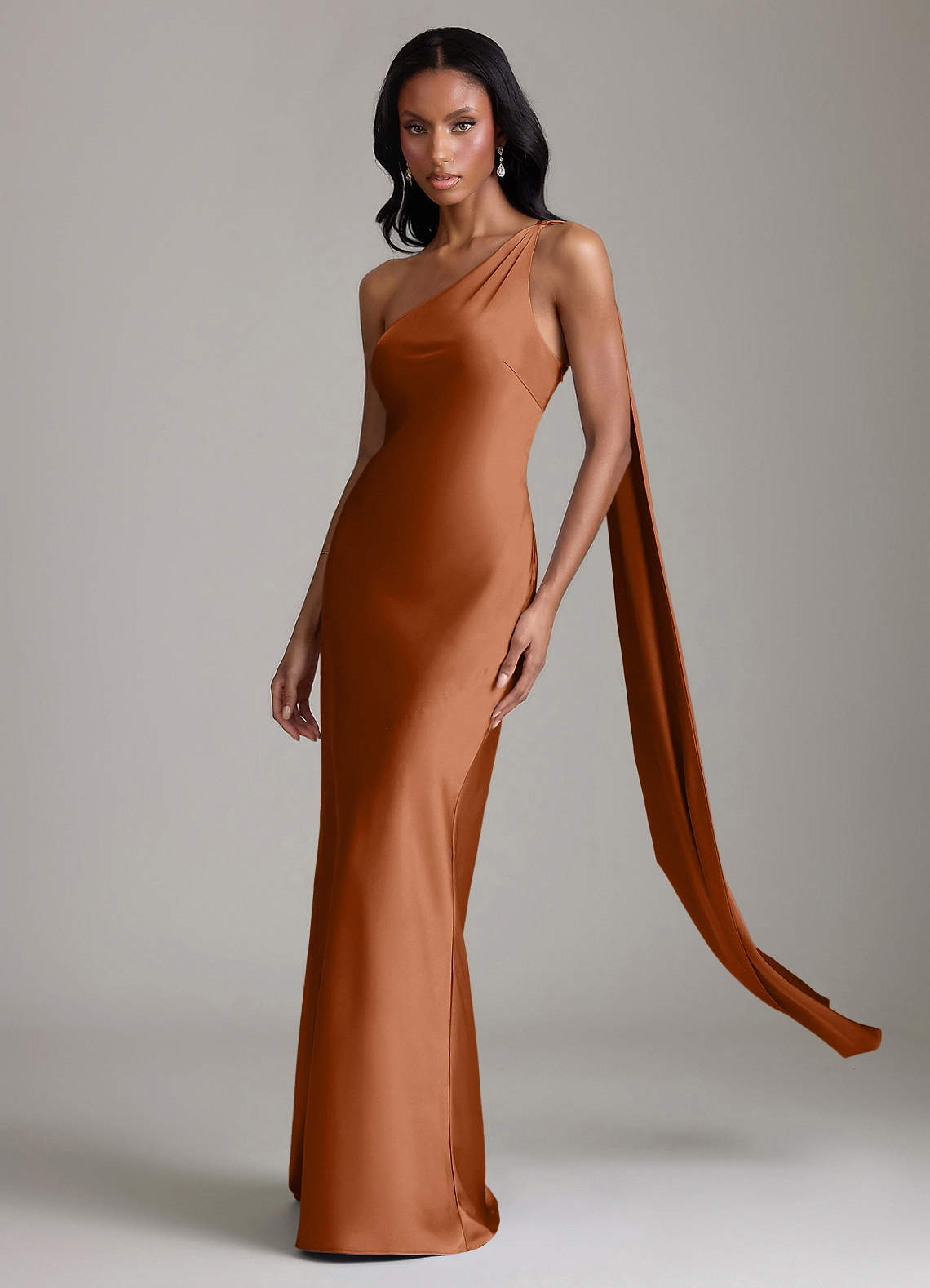 Juniper Mermaid One-Shoulder Stretch Satin Bridesmaid Dress in Copper